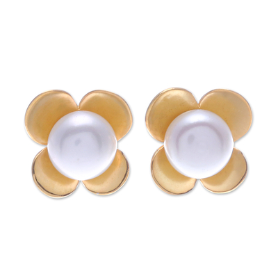 Aretes de botón de perlas cultivadas con baño de oro - Pendientes de botón de perlas cultivadas bañadas en oro de Tailandia