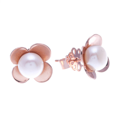 Rose gold-plated cultured pearl button earrings, 'Eternal Blossom in Rose Gold' - Rose Gold-Plated Cultured Pearl Button Earrings