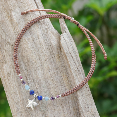 Multi-gemstone macrame charm bracelet, 'Swing on a Star' - Amethyst and Tourmaline Macrame Charm Anklet