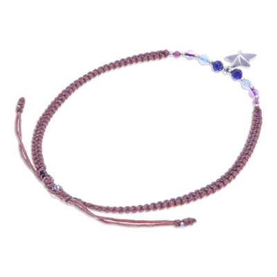 Multi-gemstone macrame charm bracelet, 'Swing on a Star' - Amethyst and Tourmaline Macrame Charm Anklet