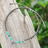 Silver macrame charm anklet, 'Slow Exhale'