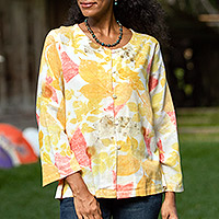 Eco-friendly cotton blouse, 'Honey and Heat' - Thai Ouke-Printed Cotton Blouse
