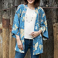 Eco-friendly kimono jacket, 'Blue Botanicals' - Eco-Friendly Ouke-Printed Kimono Jacket