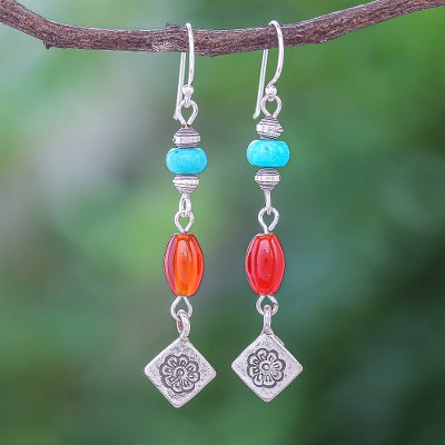 Carnelian dangle earrings, 'Summer Candy' - Hill Tribe Karen Silver and Carnelian Dangle Earrings