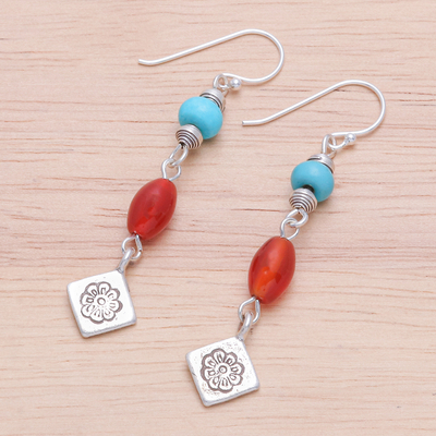 Carnelian dangle earrings, 'Summer Candy' - Hill Tribe Karen Silver and Carnelian Dangle Earrings