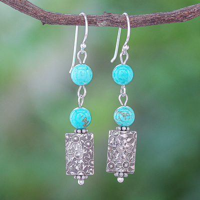 Silver dangle earrings, 'Blue-Green Glory' - Hill Tribe Karen Silver Dangle Earrings from Thailand