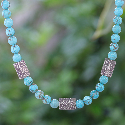 Silver beaded necklace, 'Blue-Green Glory' - Hill Tribe Karen Silver Pendant Necklace from Thailand