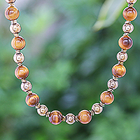 Gold-accented tiger's eye and hematite beaded necklace, 'Tiger's Morning'