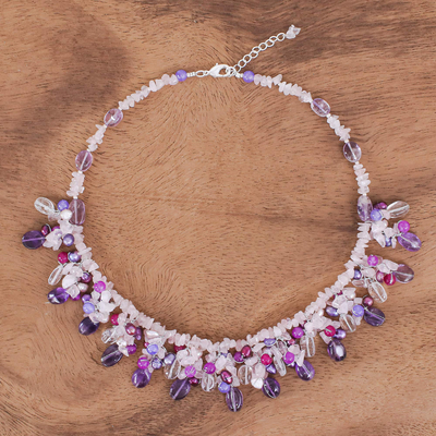 Collar con colgante de múltiples piedras preciosas - Collar con colgante de cuarzo rosa y perlas cultivadas