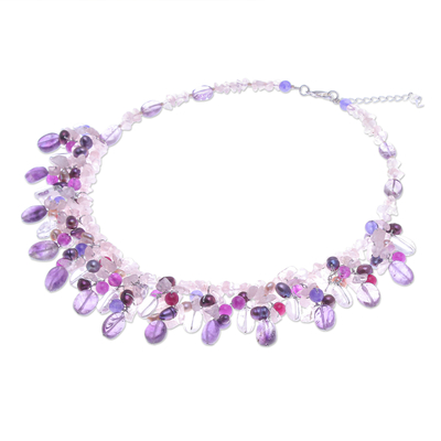 Collar con colgante de múltiples piedras preciosas - Collar con colgante de cuarzo rosa y perlas cultivadas