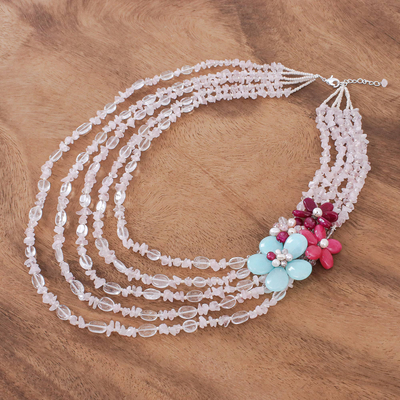 Cultured Pearl and Quartz Multi-Strand Necklace - Flower Romance 