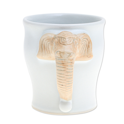 Ceramic mug, 'Elephant Mood' - White Ceramic Elephant-Motif Mug