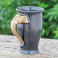 Ceramic Mug, 'Speckled Elephant' - Black Ceramic Mug with Elephant Handle
