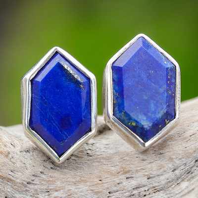 Lapis lazuli button earrings, 'Into the Universe' - Geometric Lapis Lazuli Button Earrings