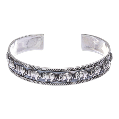 Sterling silver cuff bracelet, 'On Parade in Large' - Thai Sterling Silver Elephant-Motif Cuff Bracelet