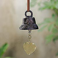 Decorative brass bell, 'Elephant Love' - Decorative Brass Heart-Themed Bell