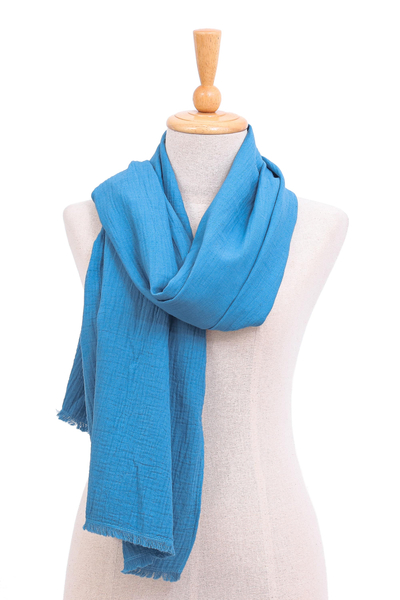 Cotton scarf, 'Tender Feeling in Blue' - Thai Handcrafted Blue Cotton Scarf