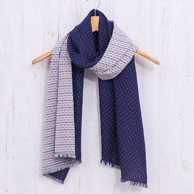 Cotton scarf, 'Winter Star' - Dark Blue Cotton Scarf from Thailand