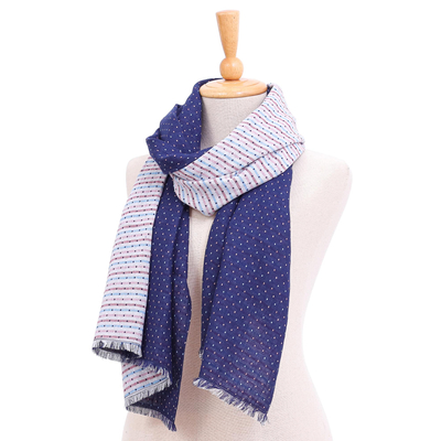 Cotton scarf, 'Winter Star' - Dark Blue Cotton Scarf from Thailand