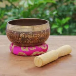 Brass alloy singing bowl set, 'Pink Mantra' (3 pcs) - Brass Alloy Singing Bowl Set with Wooden Mallet (3 Pcs)