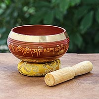 Brass alloy singing bowl set, 'Red Mantra' (3 pcs) - Thai Singing Bowl Set with Mango Wood Mallet (3 Pcs)