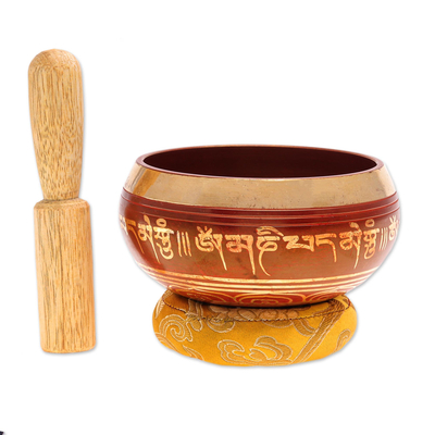 Juego de cuencos tibetanos de aleación de latón, 'Red Mantra' (3 piezas) - Juego de cuencos tibetanos tailandeses con mazo de madera de mango (3 piezas)