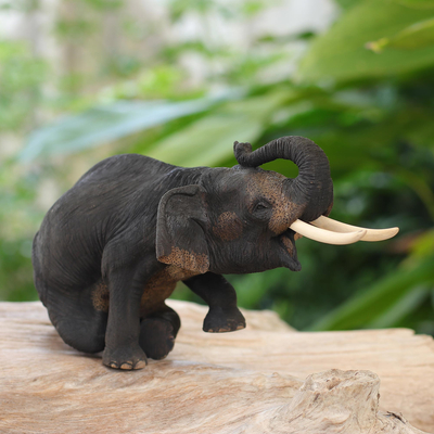 Teak wood sculpture, 'Joy in Me' - Hand Carved Teak Wood Elephant Sculpture