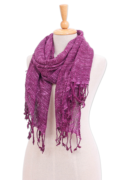 Silk scarf, 'Aubergine Autumn' - Purple Thai Silk Scarf with Fringe