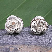 Sterling silver stud earrings, 'Afternoon Tea' - Sterling Silver Rose-Motif Stud Earrings