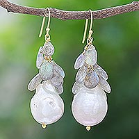 Gold-accented labradorite and cultured pearl dangle earrings, 'Clouded in Iridescent' - Gold-Accented Labradorite and Pearl Dangle Earrings
