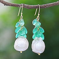 Gold-accented chalcedony and cultured pearl dangle earrings, 'Clouded in Green'