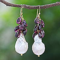 Gold-accented garnet and cultured pearl dangle earrings, Clouded in Red