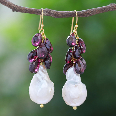 Gold-accented garnet and cultured pearl dangle earrings, 'Clouded in Red' - Gold-Accented Garnet and Pearl Dangle Earrings