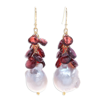 Gold-Accented Garnet and Pearl Dangle Earrings