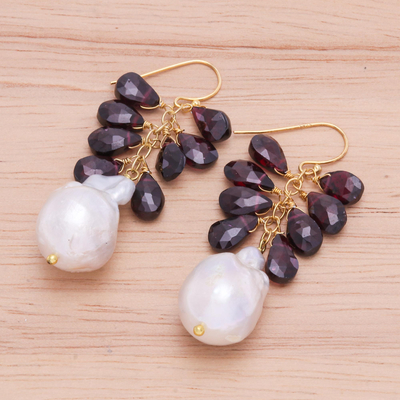Gold-accented garnet and cultured pearl dangle earrings, 'Clouded in Red' - Gold-Accented Garnet and Pearl Dangle Earrings