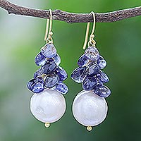 Gold-accented iolite and cultured pearl dangle earrings, 'Clouded in Indigo' - Gold-Accented Iolite and Pearl Dangle Earrings