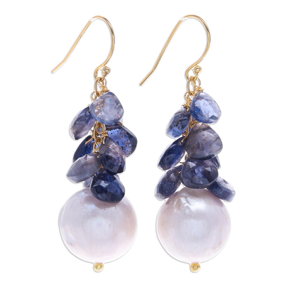 Gold-Accented Iolite and Pearl Dangle Earrings