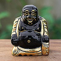Gold-accented wood sculpture, 'Grinning Buddha' - Raintree Wood and Gold Foil Buddha Sculpture