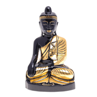 Gold-Accented Raintree Wood Buddha Sculpture