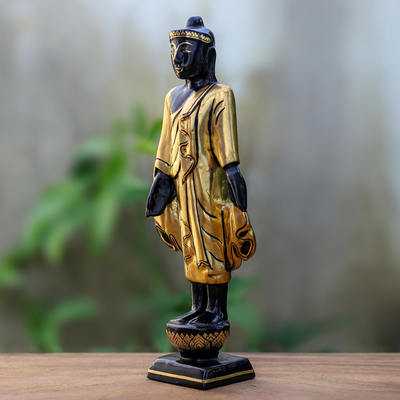 Gold-accented wood sculpture, 'Standing Teacher' - Hand Carved Gold and Wood Buddha Sculpture