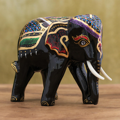 Gold-accented wood sculpture, 'Royal Beast in Purple' - Hand-Painted Raintree Wood Elephant Sculpture