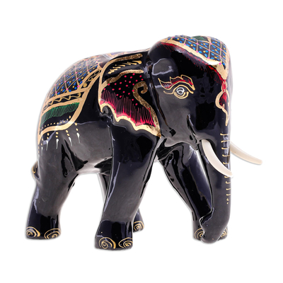 Gold-Accented Raintree Wood Elephant Sculpture
