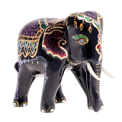 Gold-Accented Hand Carved Elephant Sculpture