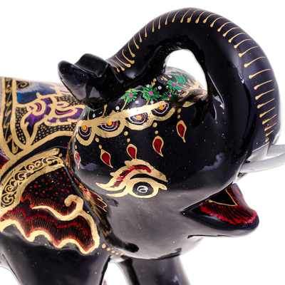 Gold-accented wood sculpture, 'Royal Trumpeter' - Gold-Accented Lacquerware Elephant Sculpture