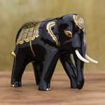 Gold-accented wood sculpture, 'Royal Stampede' - Artisan Crafted Lacquerware Elephant Sculpture