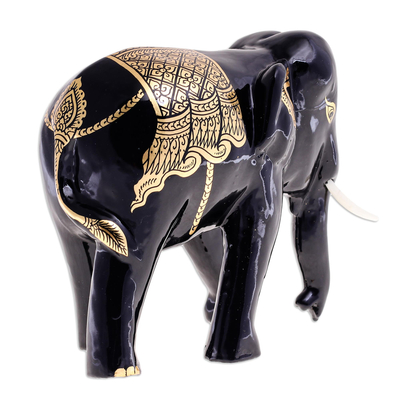Gold-accented wood sculpture, 'The Elephant Vanishes' - Hand Carved Lacquerware Elephant Sculpture