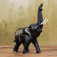 Gold-accented wood sculpture, 'Treasured Trumpeter' - Thai Elephant Sculpture with Gold Foil Accents