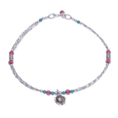 Garnet charm bracelet, 'Daisy Days in Red' - Garnet Floral Charm Bracelet from Thailand