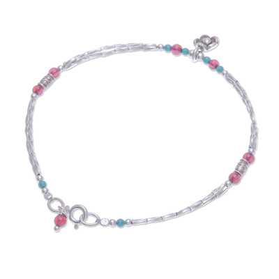 Garnet charm bracelet, 'Daisy Days in Red' - Garnet Floral Charm Bracelet from Thailand