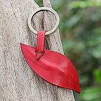 Leather keychain, 'Leaf Peeping in Red' - Red Leather and Brass Keychain from Thailand
